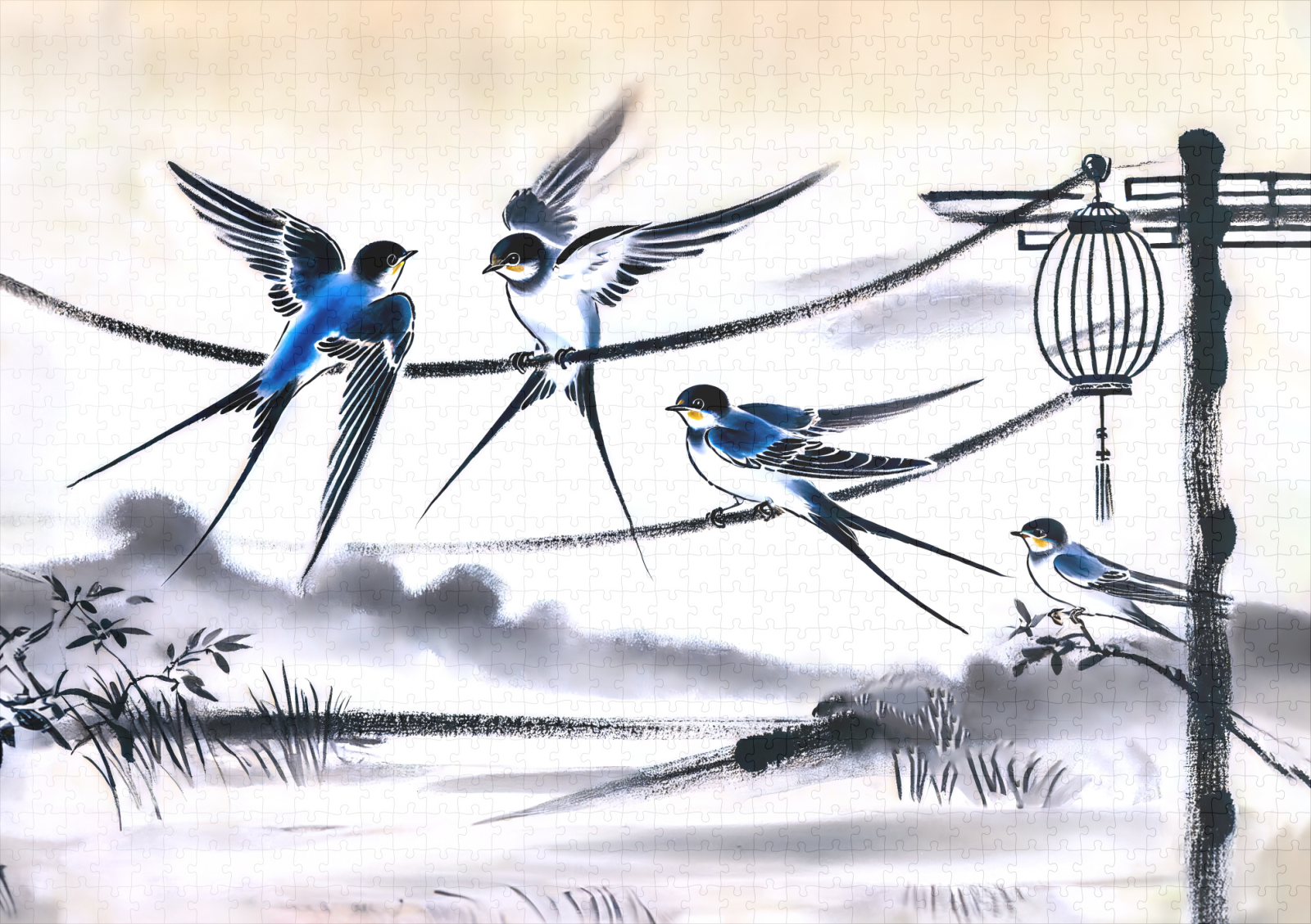raxxa Premium-Puzzle: Group of Swallows Gathering on a Power Line in Chinese Ink Painting - Imagen 2