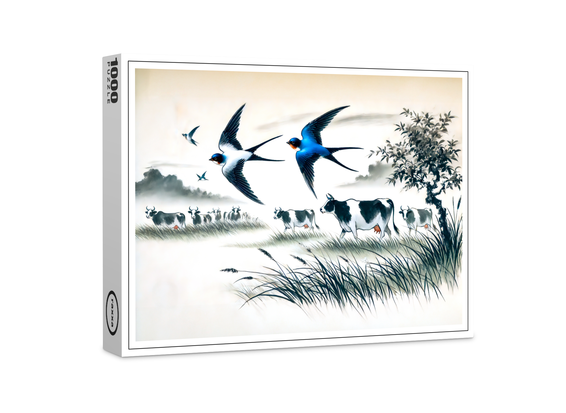 raxxa Premium-Puzzle: Swallows Flying Over a Cattle Field in Chinese Ink Painting