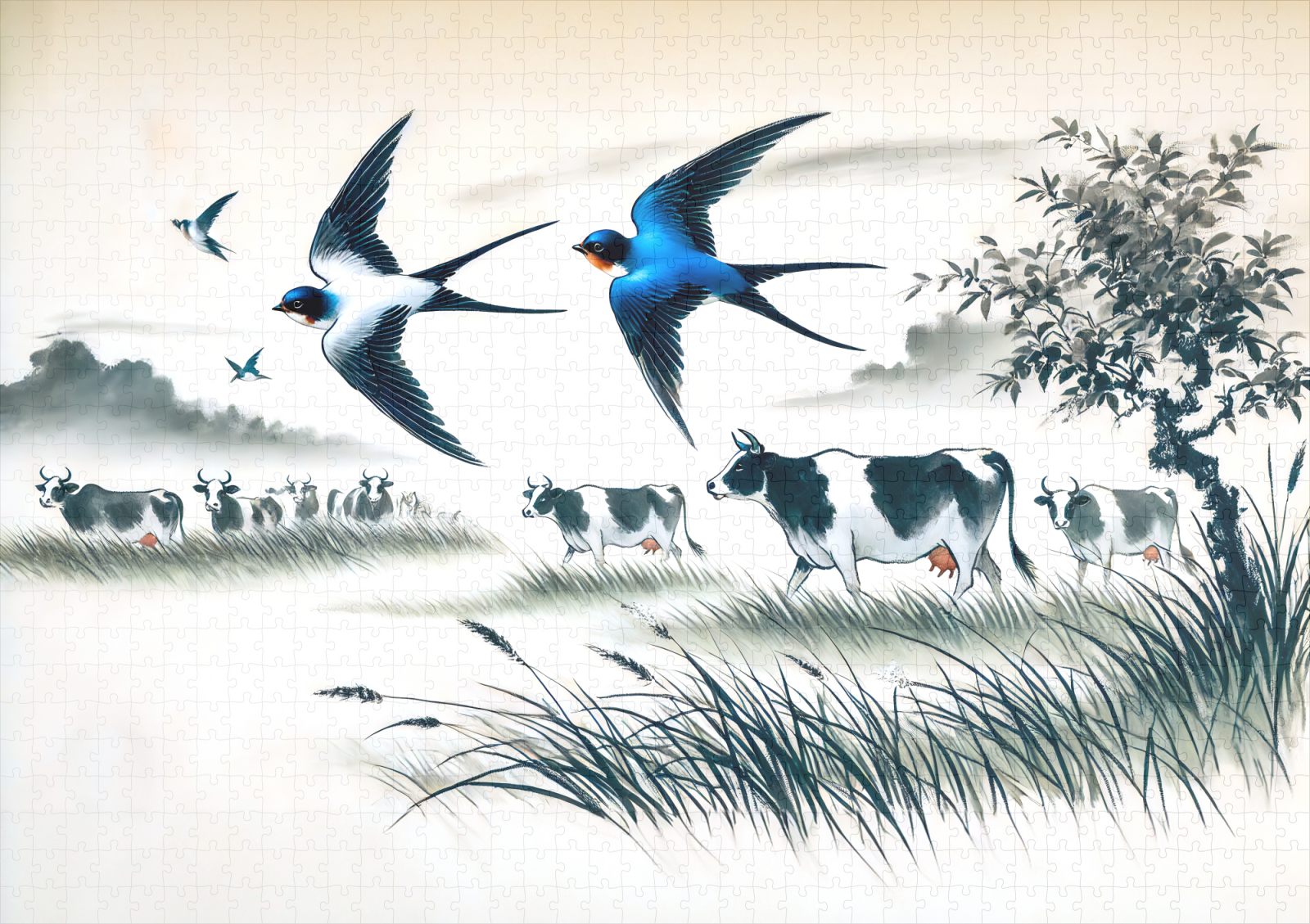 raxxa Premium-Puzzle: Swallows Flying Over a Cattle Field in Chinese Ink Painting – Bild 2