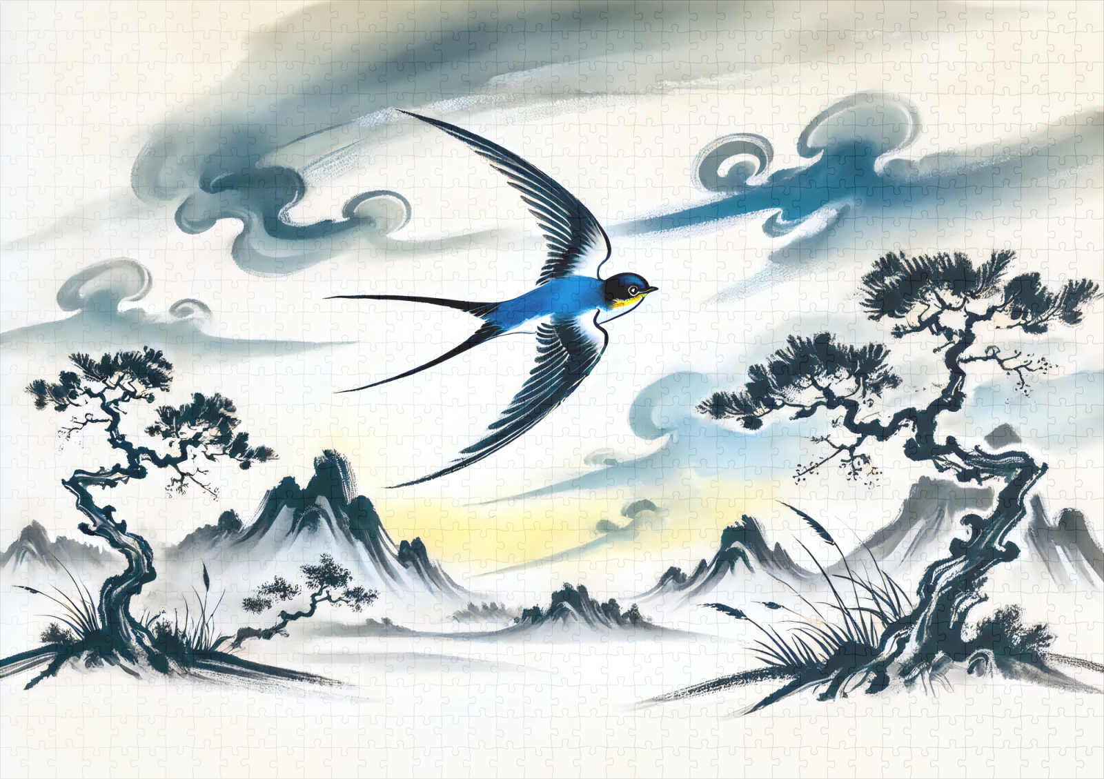 raxxa Premium-Puzzle: Swallow Soaring Through the Sky in Chinese Ink Painting – Image 2