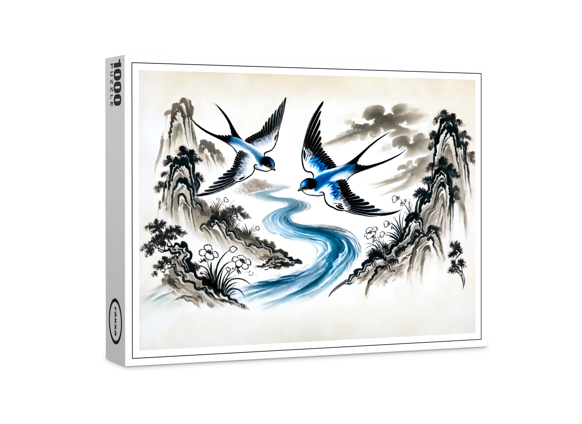 raxxa Premium-Puzzle: Swallows Soaring Through the Sky in Chinese Ink Painting
