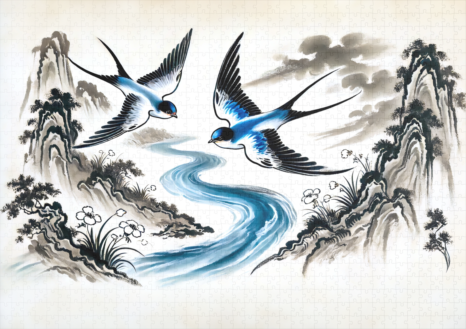 raxxa Premium-Puzzle: Swallows Soaring Through the Sky in Chinese Ink Painting – Bild 2