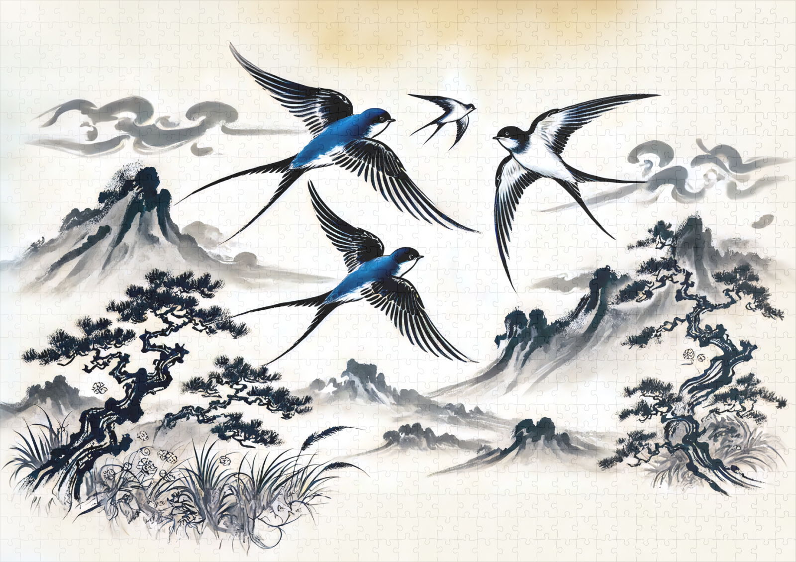 raxxa Premium-Puzzle: Swallows Soaring Through the Sky in Chinese Ink Painting – Image 2