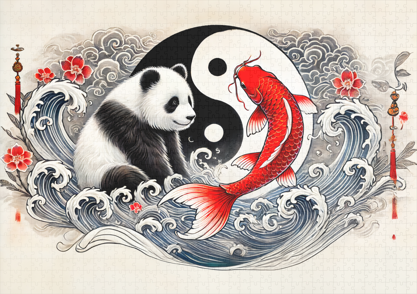 raxxa Premium-Puzzle: Yin and Yang Panda and Koi in Asian Art Style – Bild 2