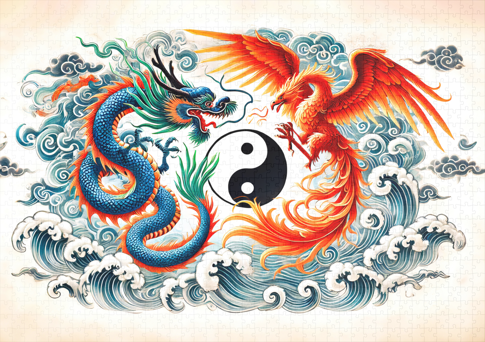 raxxa Premium-Puzzle: Yin and Yang Dragon and Phoenix in Asian Art Style - Imagen 2