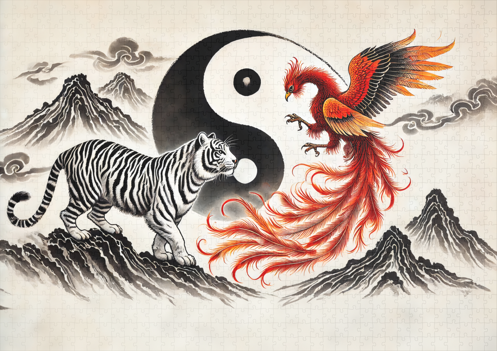 raxxa Premium-Puzzle: Yin and Yang Tiger and Phoenix in Asian Art Style – Image 2