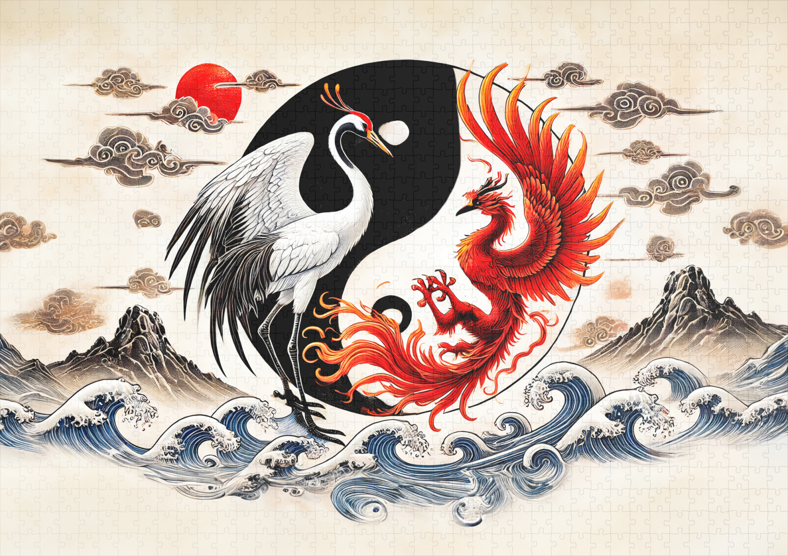 raxxa Premium-Puzzle: Yin and Yang Crane and Phoenix in Asian Art Style – Bild 2