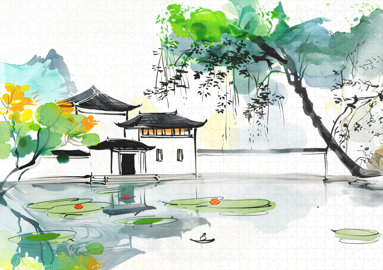 raxxa Premium-Puzzle: Chinese Temple by a Lotus Pond – Bild 2