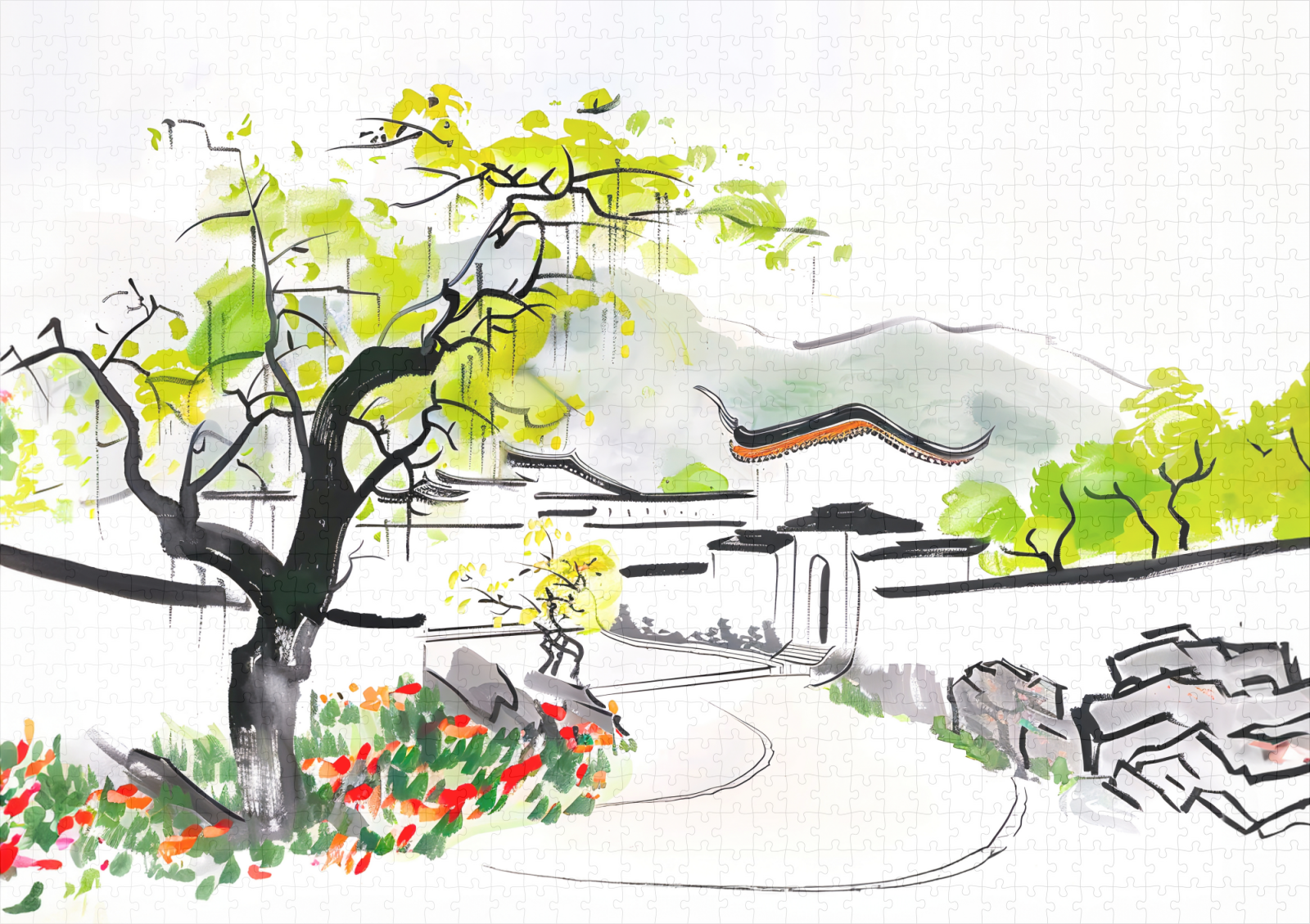 raxxa Premium-Puzzle: Chinese Village View with Traditional Temple – Image 2
