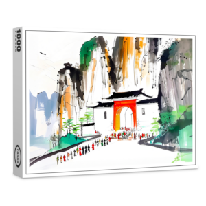 raxxa Premium-Puzzle: Temple with People in Mountainous Landscape