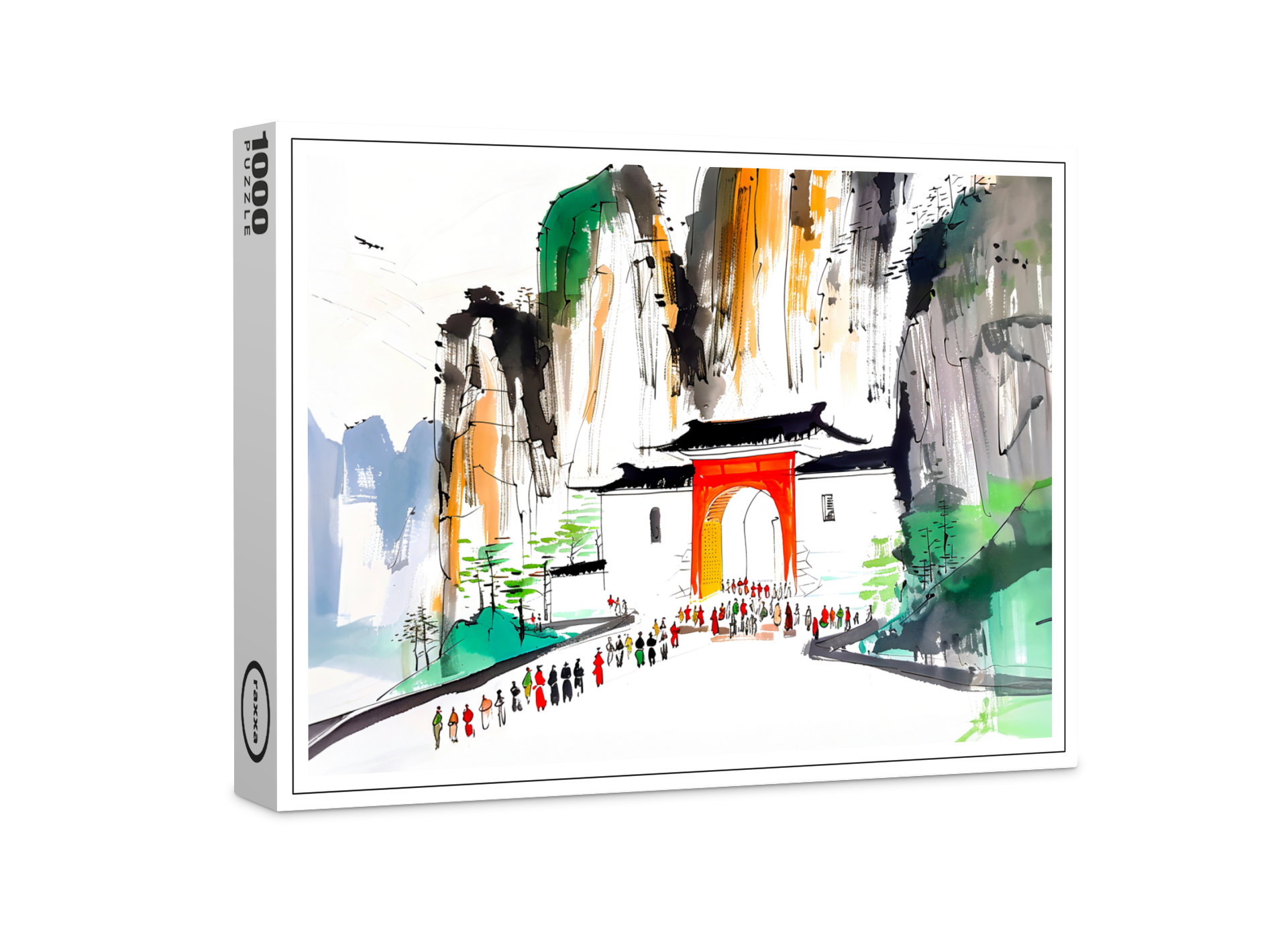 raxxa Premium-Puzzle: Temple with People in Mountainous Landscape