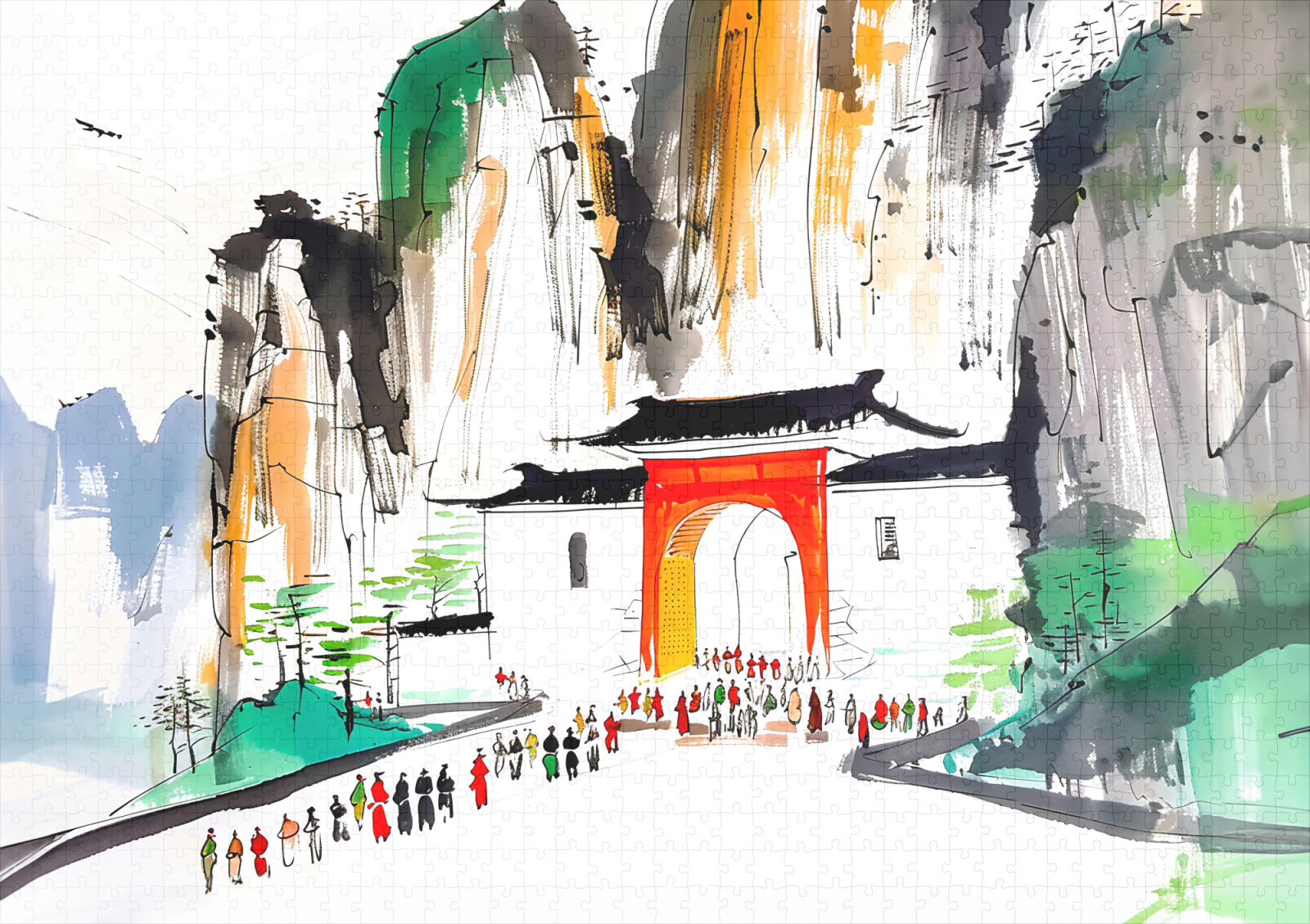 raxxa Premium-Puzzle: Temple with People in Mountainous Landscape - immagine 2