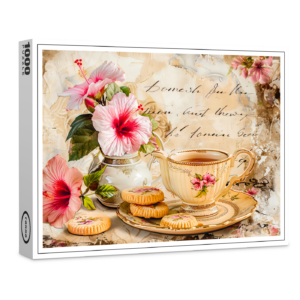 raxxa Premium-Puzzle: Hibiscus Blossoms with Fantasy Script and Tea Cup
