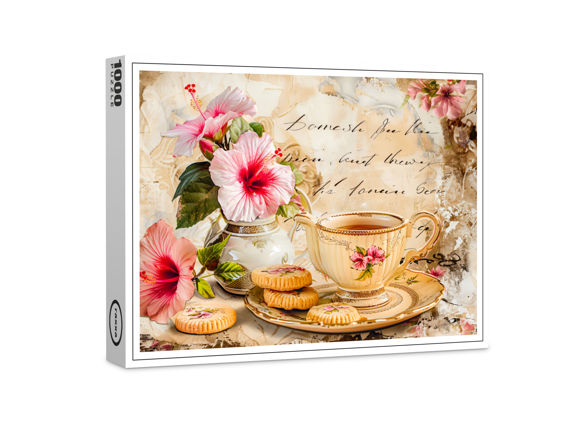 raxxa Premium-Puzzle: Hibiscus Blossoms with Fantasy Script and Tea Cup