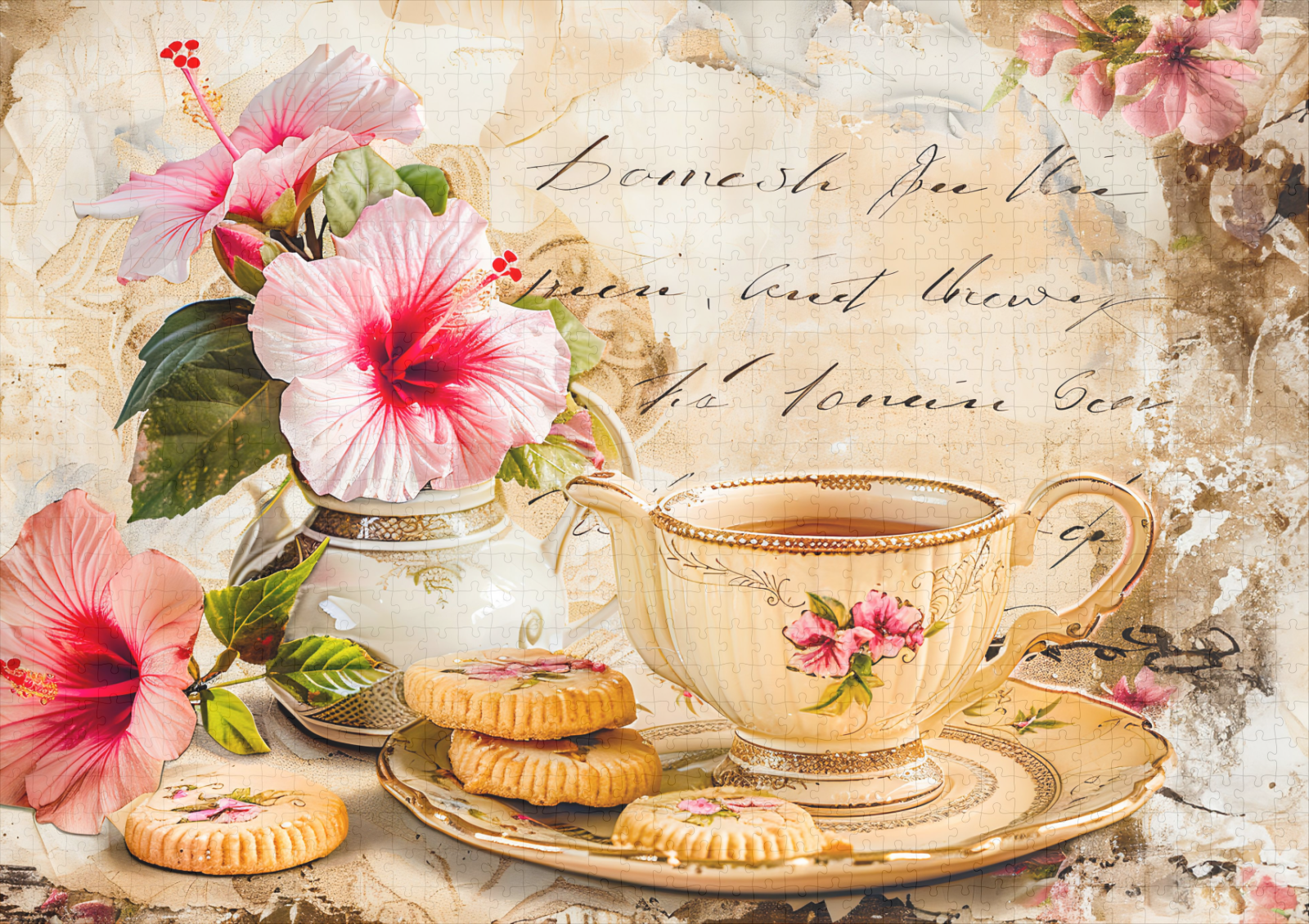 raxxa Premium-Puzzle: Hibiscus Blossoms with Fantasy Script and Tea Cup – Image 2