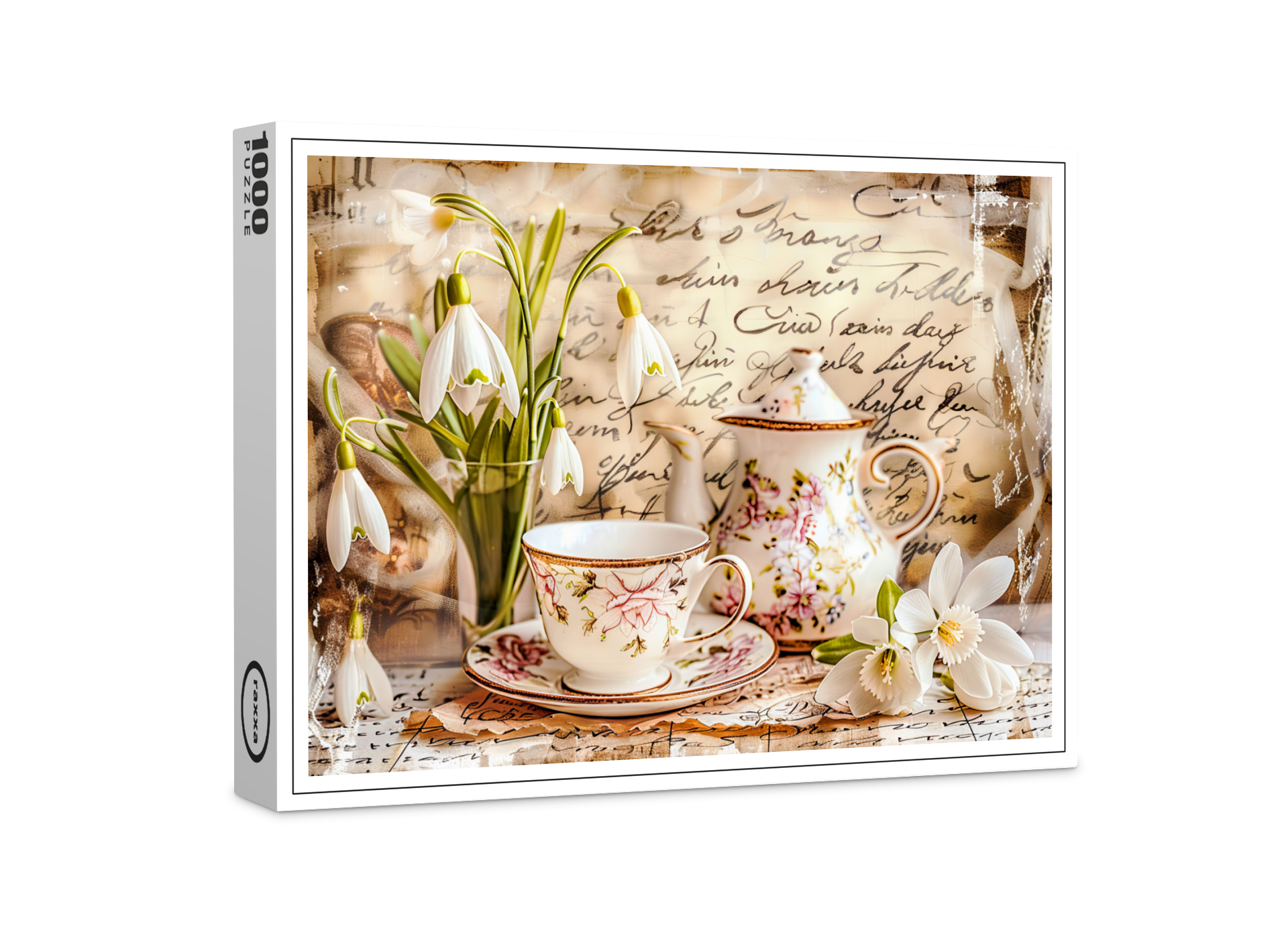 raxxa Premium-Puzzle: Snowdrops and Teacups in Vintage Style