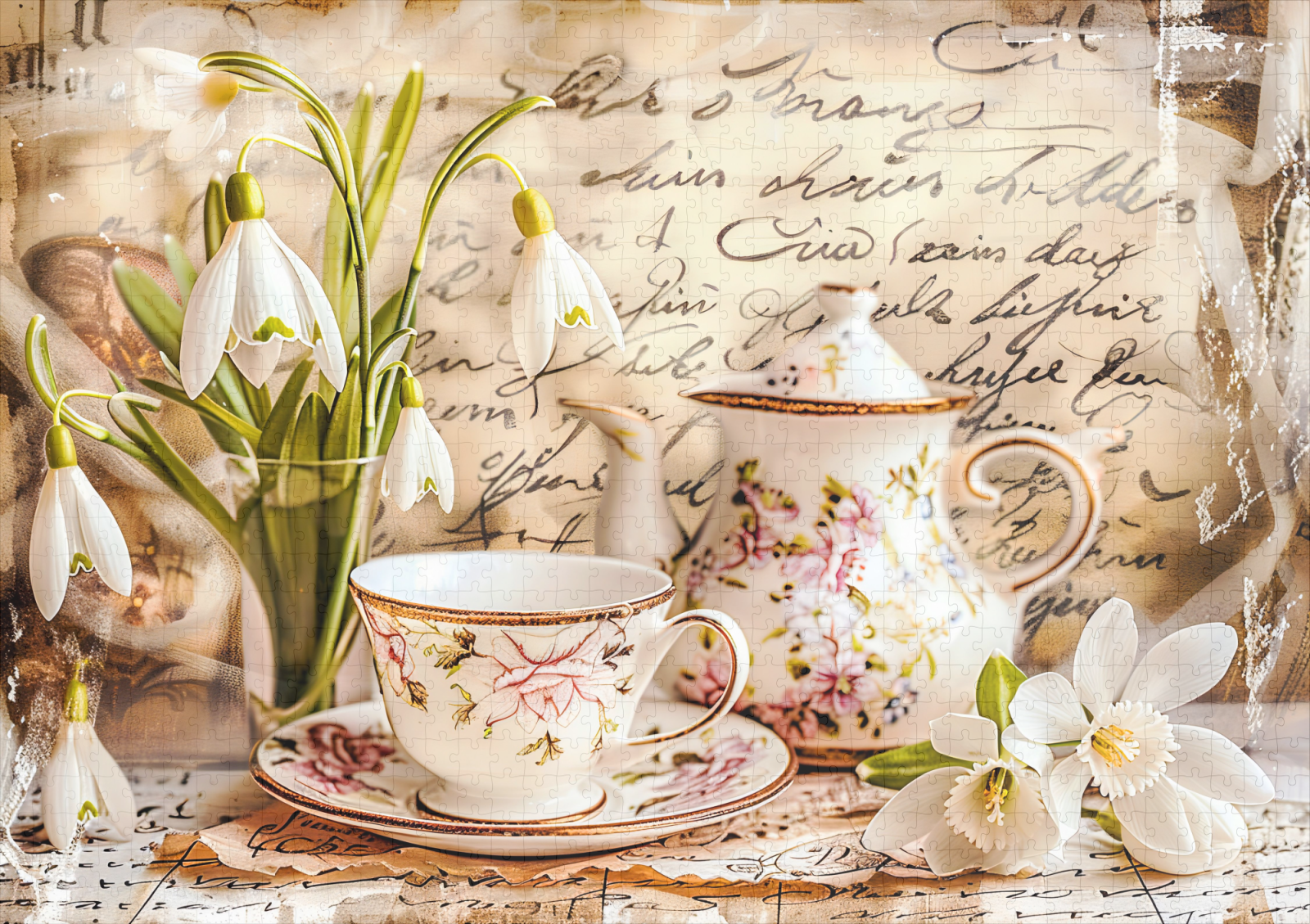 raxxa Premium-Puzzle: Snowdrops and Teacups in Vintage Style – Image 2