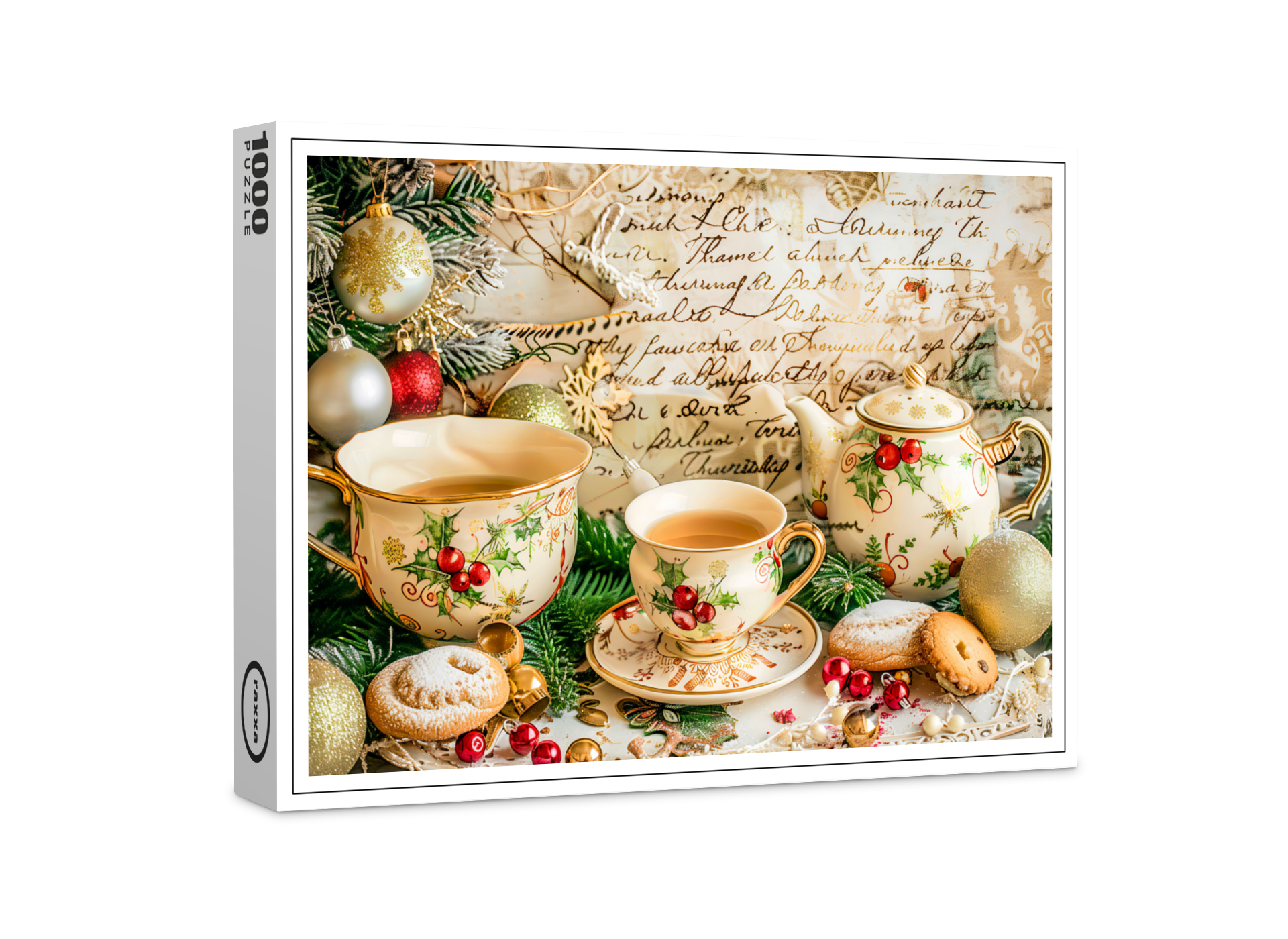 raxxa Premium-Puzzle: Christmas Teapot Set with Pine Green and Ornaments