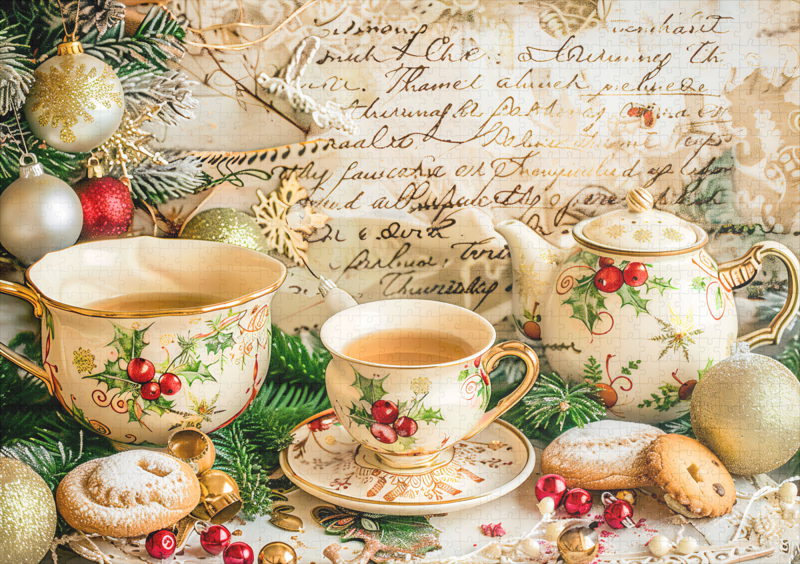 raxxa Premium-Puzzle: Christmas Teapot Set with Pine Green and Ornaments – Image 2