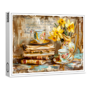 raxxa Premium-Puzzle: Daffodils on a Stacked antique Book Collection