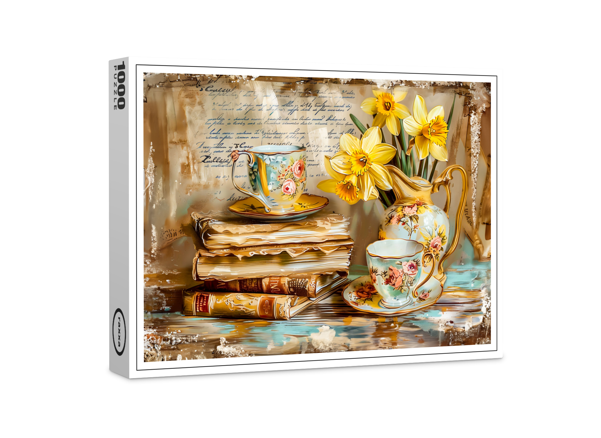 raxxa Premium-Puzzle: Daffodils on a Stacked antique Book Collection