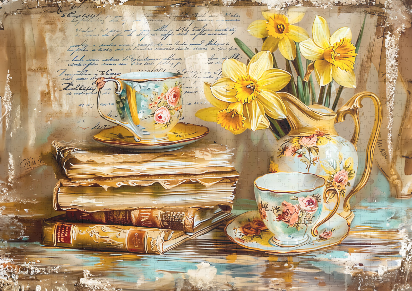 raxxa Premium-Puzzle: Daffodils on a Stacked antique Book Collection – Image 2