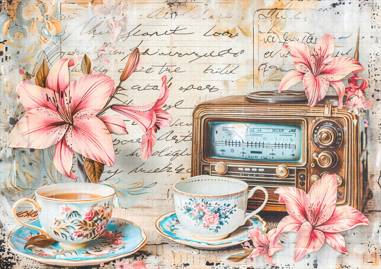 raxxa Premium-Puzzle: Pink Lily with Antique Radio Receiver – Image 2