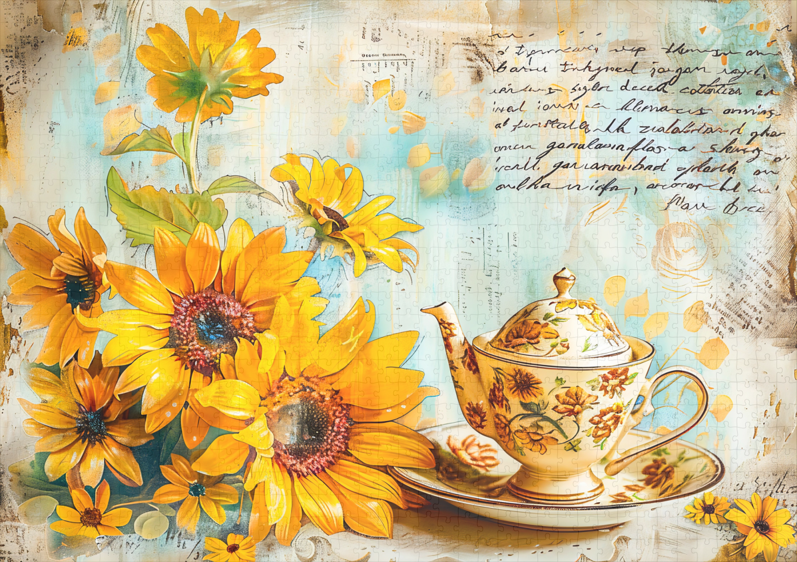 raxxa Premium-Puzzle: Sunflower with Antique Coffee Pot and Fantasy Script - immagine 2
