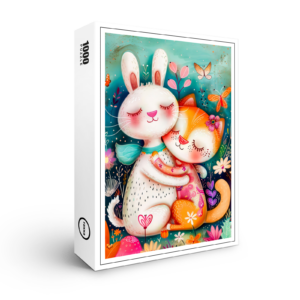 raxxa Premium-Puzzle: Rabbit and Cat Hugging each other with butterflys flying