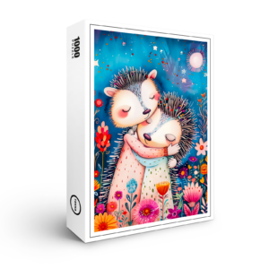 raxxa Premium-Puzzle: Illustration of hugging hedgehogs in forest.