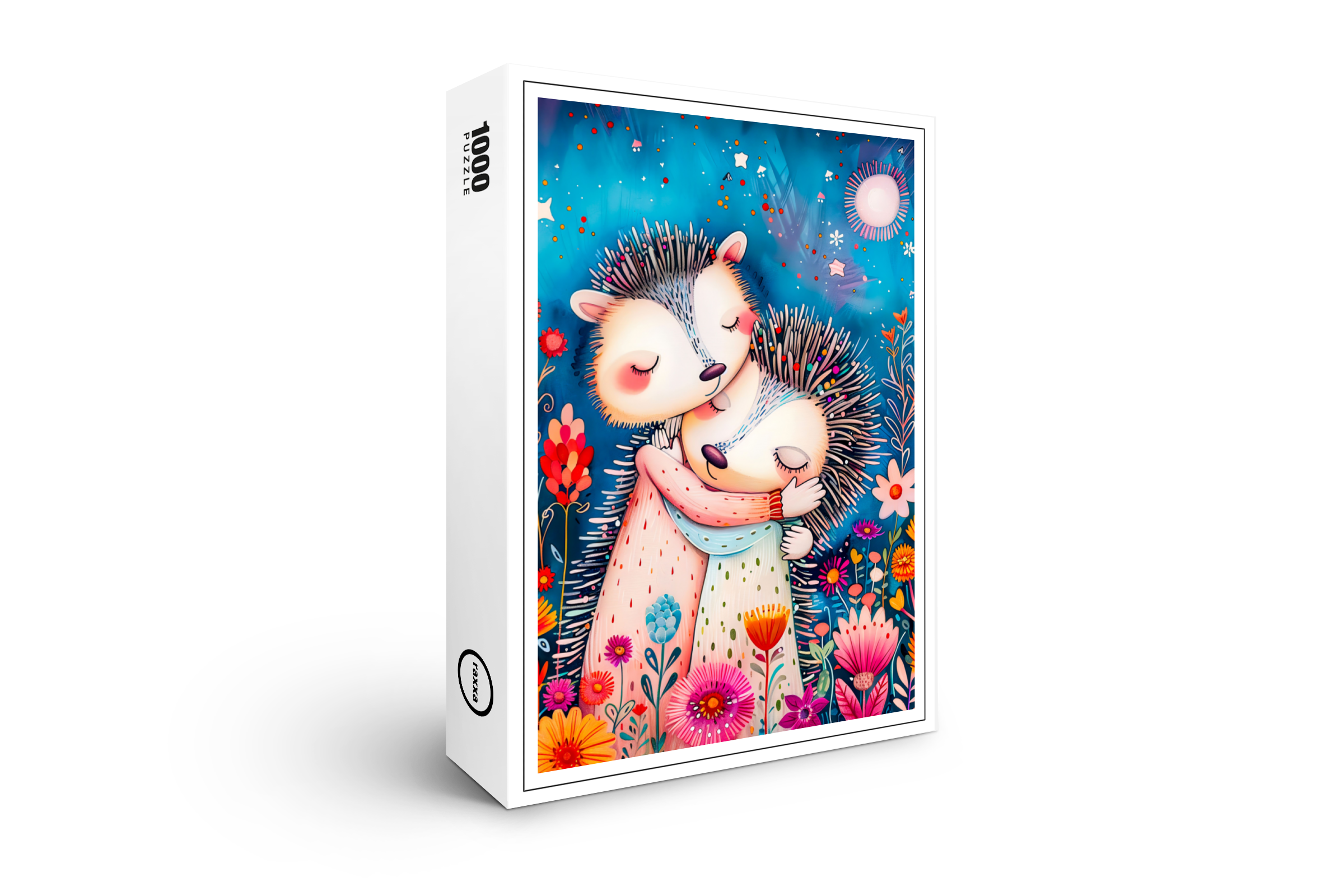 raxxa Premium-Puzzle: Illustration of hugging hedgehogs in forest.