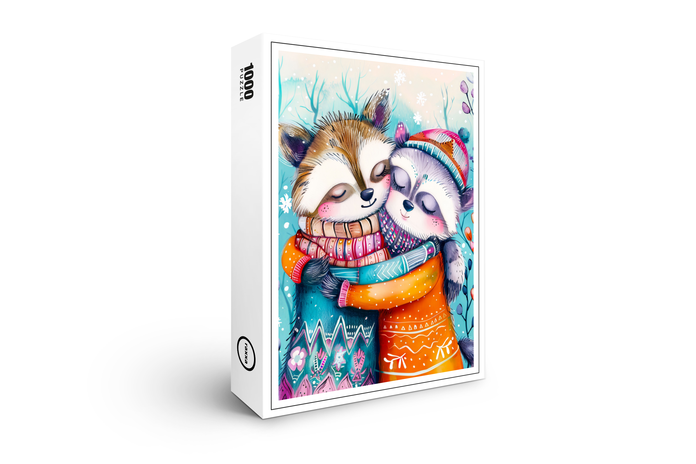 raxxa Premium-Puzzle: Two Raccoons Hugging in Winter