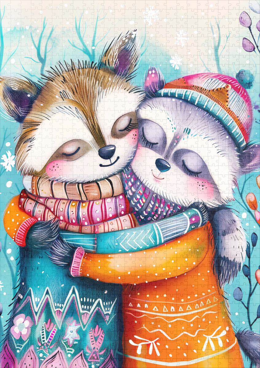 raxxa Premium-Puzzle: Two Raccoons Hugging in Winter – Bild 2