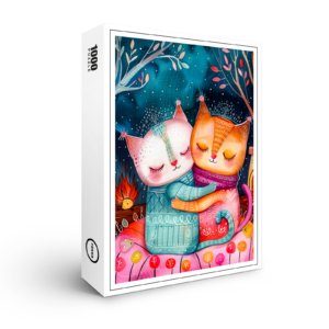 raxxa Premium-Puzzle: Illustration of two cats hugging in a cozy setting