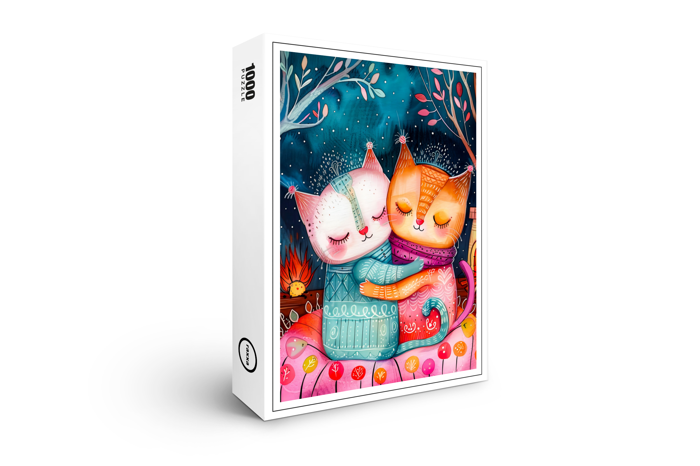 raxxa Premium-Puzzle: Illustration of two cats hugging in a cozy setting