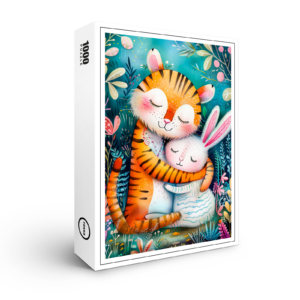 raxxa Premium-Puzzle: Tiger and Rabbit Embrace on in night time at forest