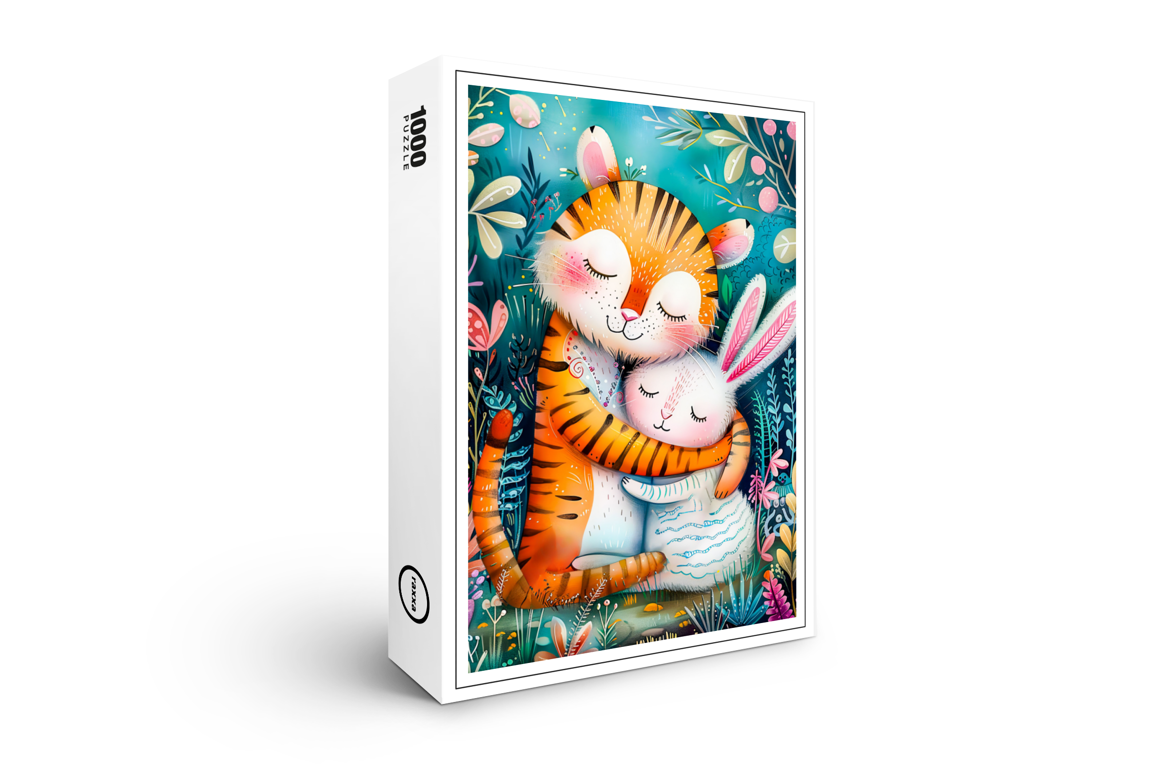 raxxa Premium-Puzzle: Tiger and Rabbit Embrace on in night time at forest