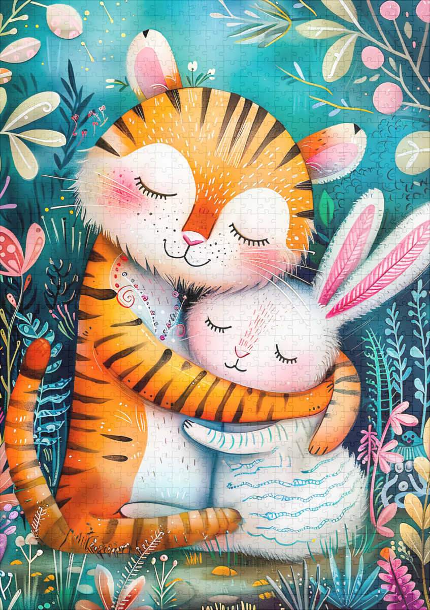 raxxa Premium-Puzzle: Tiger and Rabbit Embrace on in night time at forest – Image 2