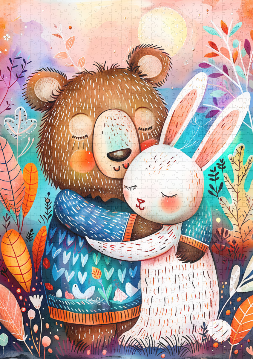 raxxa Premium-Puzzle: Brown Bear and Rabbit Hugging Illustration – Image 2