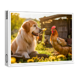 raxxa Premium-Puzzle: Sunny Day Buddies- Labrador and Hen Bask in Garden Salad Bed