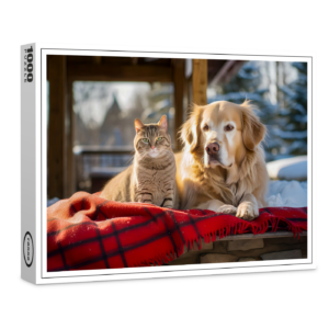 raxxa Premium-Puzzle: Cozy Companions- Labrador and Gray Cat Snuggle on Blanket Amidst Snowfall