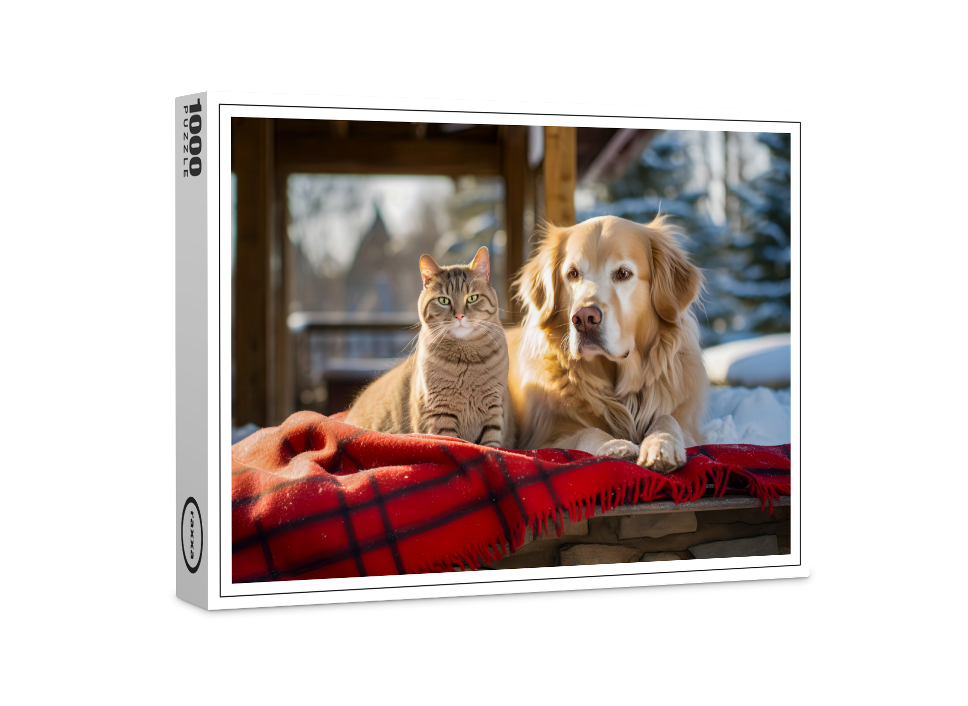 raxxa Premium-Puzzle: Cozy Companions- Labrador and Gray Cat Snuggle on Blanket Amidst Snowfall