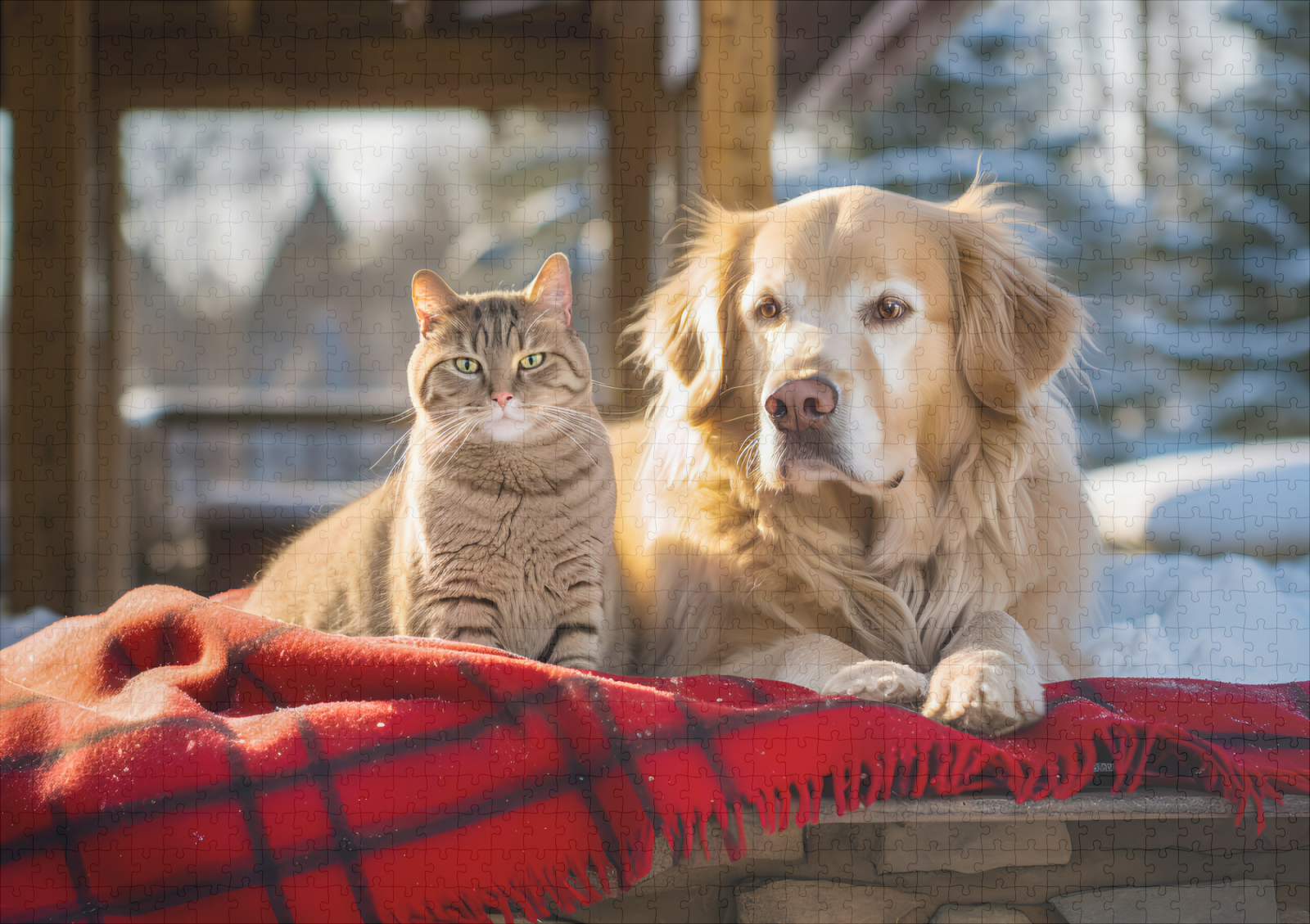 raxxa Premium-Puzzle: Cozy Companions- Labrador and Gray Cat Snuggle on Blanket Amidst Snowfall – Image 2