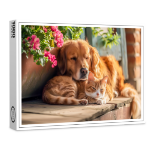 raxxa Premium-Puzzle: Labrador and Red Cat Snooze Together by Flowerpots