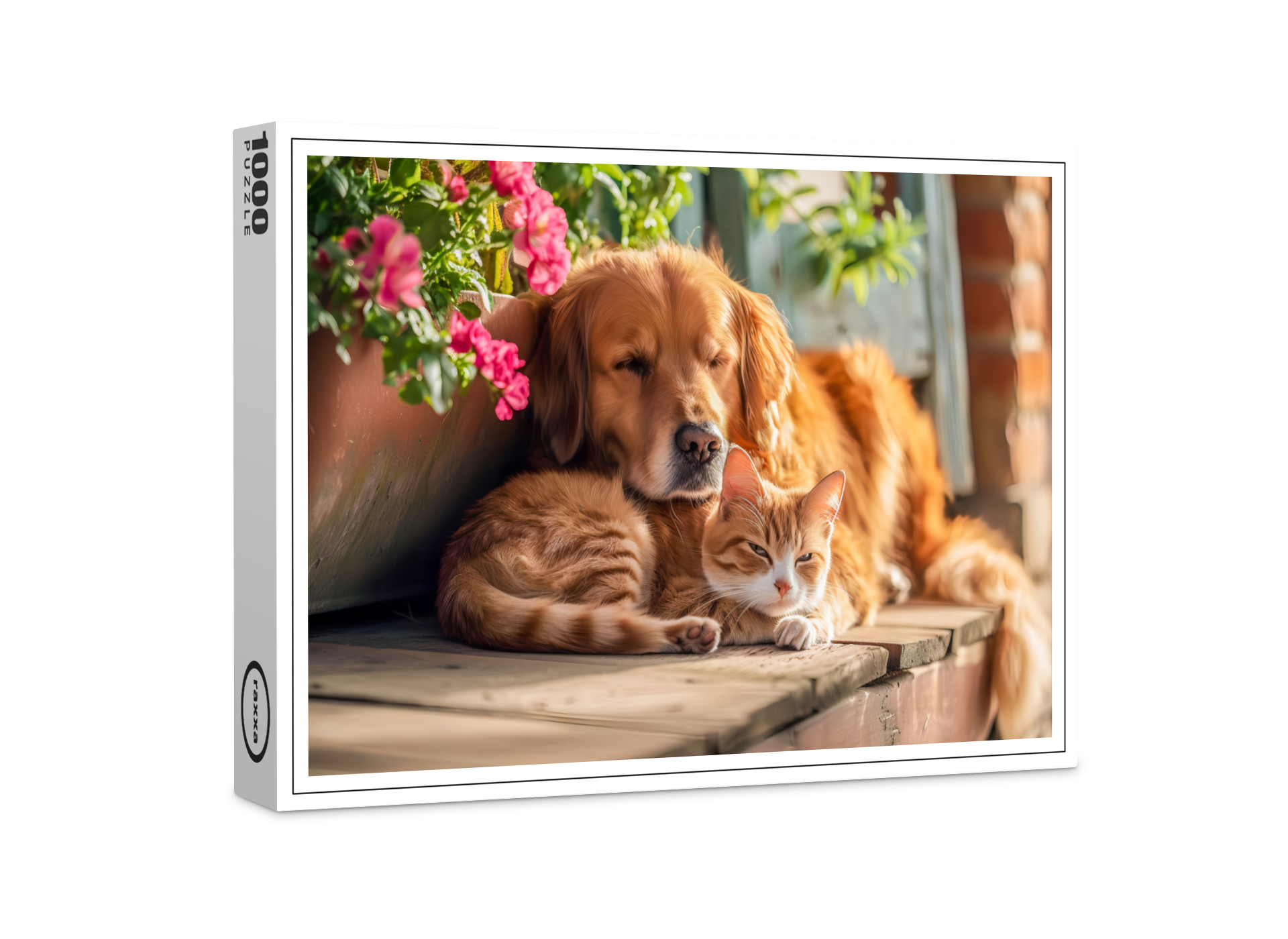raxxa Premium-Puzzle: Labrador and Red Cat Snooze Together by Flowerpots
