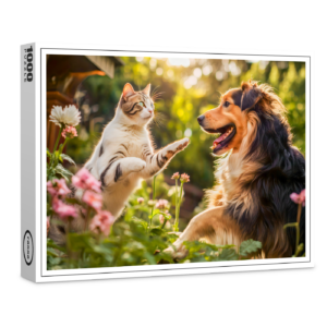 raxxa Premium-Puzzle: Garden Playmates- Cat and Collie Dog Enjoying Playtime Together
