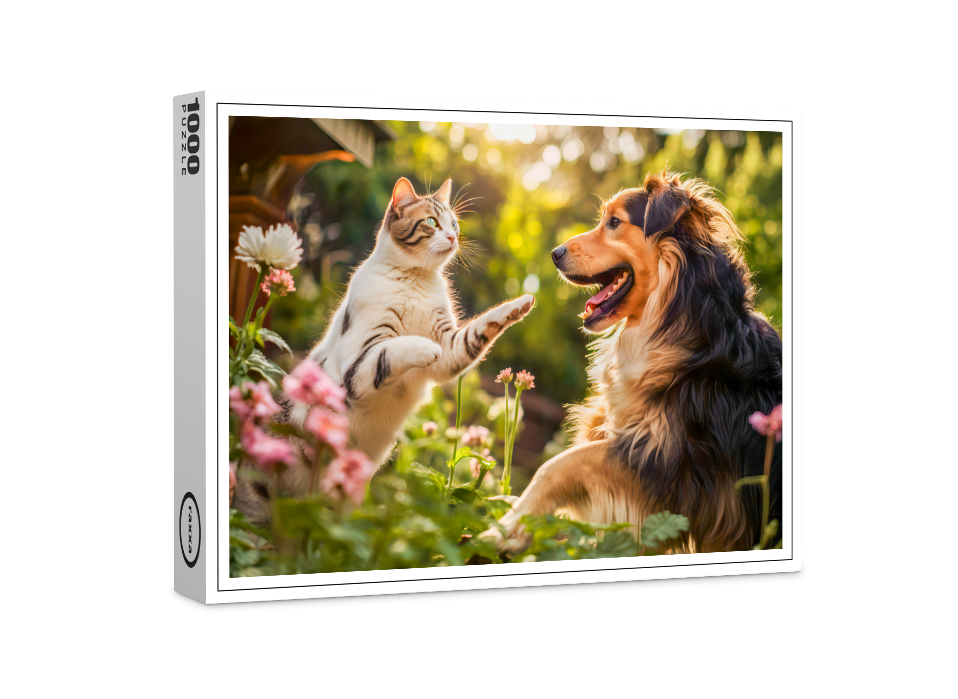 raxxa Premium-Puzzle: Garden Playmates- Cat and Collie Dog Enjoying Playtime Together