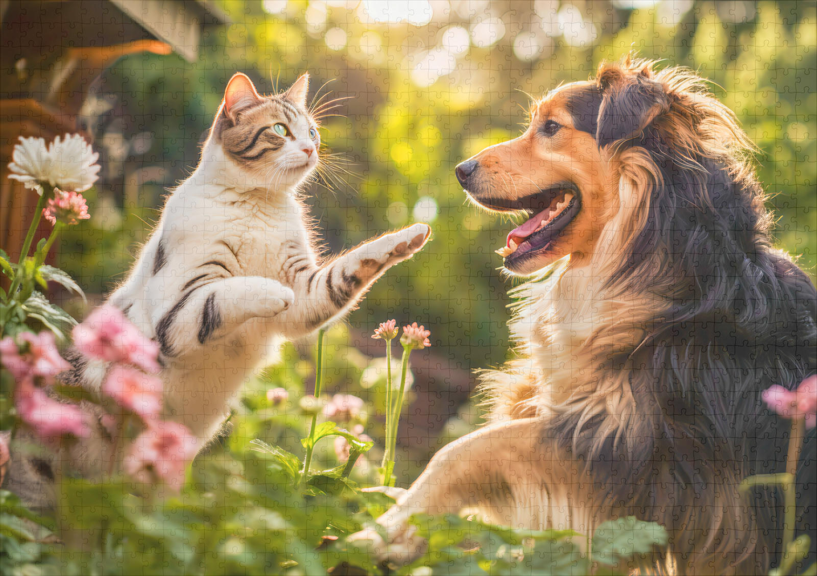 raxxa Premium-Puzzle: Garden Playmates- Cat and Collie Dog Enjoying Playtime Together - immagine 2