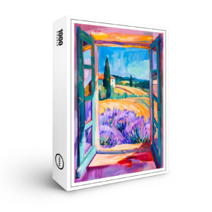 raxxa Premium-Puzzle: Open French Doors Over Lavender Fields With Cypress Trees And Wheat