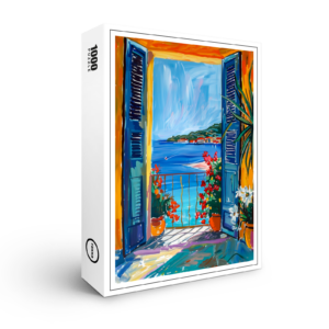 raxxa Premium-Puzzle: Terrace Door View Toward Mediterranean Bay With Two Blooming Dipladenia Pots
